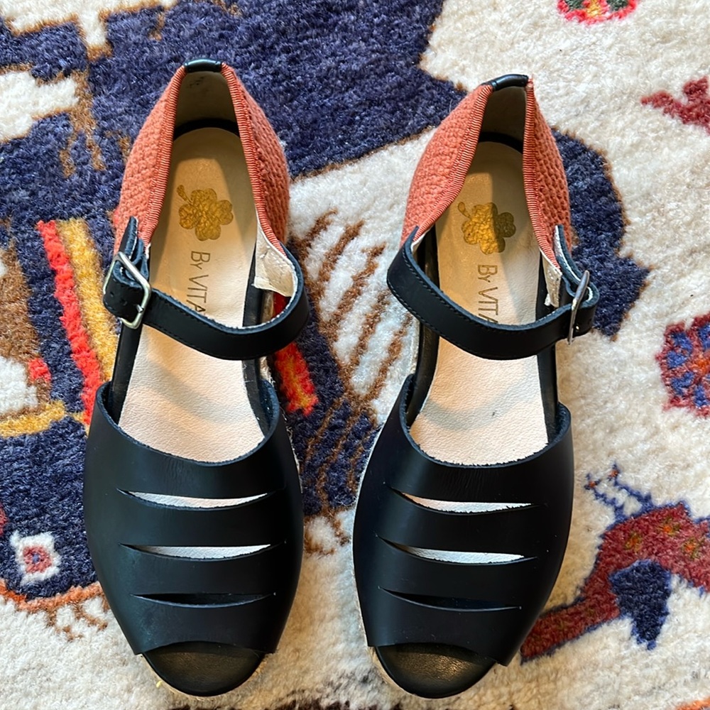 By Vita platform leather and cloth sandals made in Spain.  Size 37. Like new